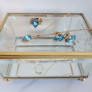 Vintage Avon Blue Teardrop Crystal Demi-Parure 1989–1992 3pc Gold Sz 5 Ring NIB